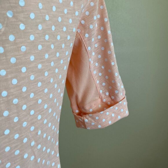 Y2K 2000s Bongo NWT Size L Top Peach Pink Polka Dot Collar Button Down Roll Tab - Picture 6 of 10